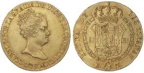 80 REALES (oro) – Barcelona, 1838 (PS)Busto grande · cuello grande (