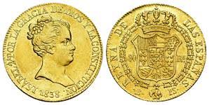 80 REALES (oro) – Barcelona, 1838 (PS)Busto grande · cuello pequeño