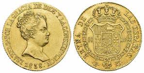 80 REALES (oro) – Barcelona, 1838 (PS)Busto pequeño · cuello grande