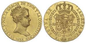 80 REALES (oro) – Barcelona, 1838 (PS) — CONST