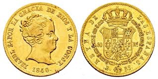 80 REALES (oro) – Barcelona, 1840 (PS) — Busto grande · cuello pequeño (BG·CP)