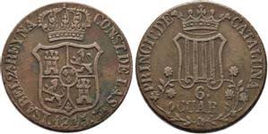 6 CUARTOS (cobre) – Cataluña, 1845 (7 pétalos)
