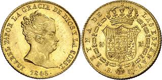 80 REALES (oro) – Barcelona, 1845 (PS) – busto mediano, cuello corto