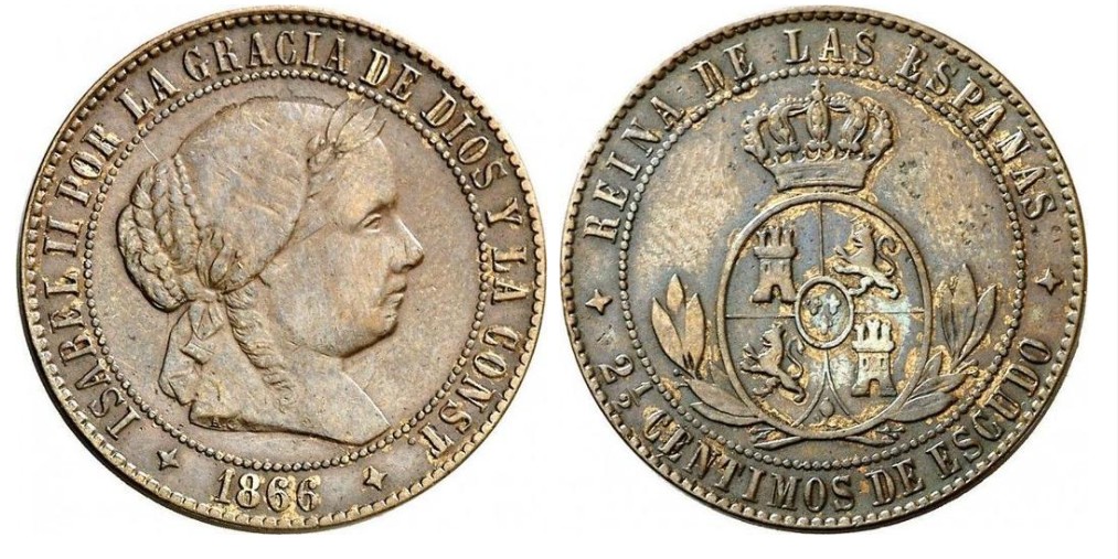 2 ½ Céntimos de Escudo – 1866, Barcelona (Cobre, sin OM)