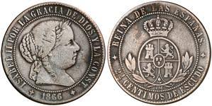 2 ½ Céntimos de Escudo – 1866, Jubia (Cobre, con OM)