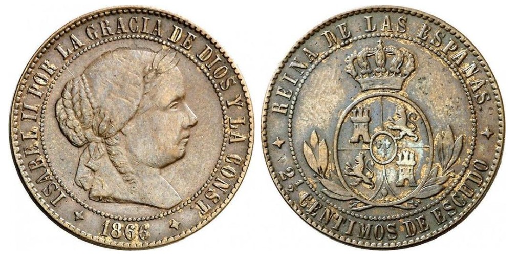 2 ½ Céntimos de Escudo – 1866, Jubia (Cobre, sin OM)