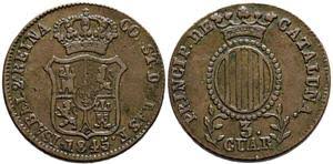 3 Cuartos – Cataluña, 1845 (Cobre, 5 hojas sin frutos)
